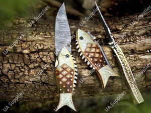 Cuchillo de Acero de Damasco Hecho a Mano con Hoja Drop Point, Bloqueo Liner Lock, Mango de Hueso de Camello y Latón, Profesional, EDC, de Bolsillo, Utilitario, Multiusos, de Alta Calidad - Product Image 5