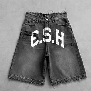 Shorts en denim vintage streetwear pour hommes, impression graphique personnalisée OEM, logo de haute qualité - Product Image 3