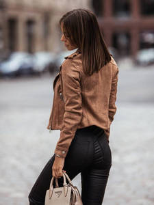 Women's Short Suede <b>Biker</b> <b>Jacket</b> With Zipper Closure In <b>Pink</b> Beige Brown Black Colors - Product Image 2