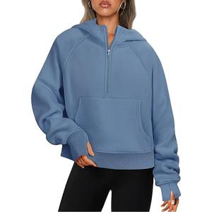 Sudadera con capucha corta de forro polar con media cremallera, oversize, color liso, informal, unisex, azul, para otoño e invierno - Product Image 2