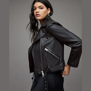 Veste de motard slim fit en cuir véritable imprimé écologique noir pour femme, vêtement d'extérieur tendance pour l'hiver, veste en cuir véritable pour femme - Product Image 4