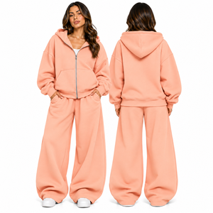 Ensemble de survêtement athleisure rose pour femme, 2 pièces, couleur unie, sweat-shirt à capuche zippé et pantalon large, style streetwear, best-seller - Product Image 5
