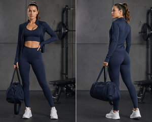 Navy <b>Blue</b> Solid Short 4-Piece Activewear Set Sports <b>Bra</b> Zip Jacket Leggings Duffel Bag Quick Dry & Breathable - Product Image 4