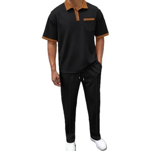 Men's Black Polyester Tracksuit Short Sleeve <b>Polo</b> Shirt With <b>Orange</b> Collar And Drawstring Pants Casual Summer Wear - Product Image 5