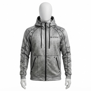 Sudadera con capucha gris para hombre con cremallera, detalles de paneles, múltiples bolsillos, estilo casual y urbano. - Product Image 3