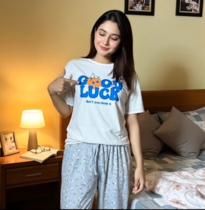 Conjunto de Pijama Casual de Verano para Mujer, 100% Algodón, Transpirable, Ecológico, Camiseta Estampada AOP, Pantalones con Cordón, Suaves y Lavados - Product Image 6