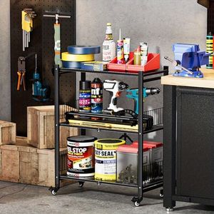 Estante Metálico Negro Plegable de 3 Niveles, Resistente, con Ruedas, para Almacenamiento en Garaje y Cocina, Serie Ki - Product Image 2