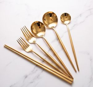 Ensemble de couverts modernes de luxe en acier inoxydable poli miroir doré, couteau, fourchette, cuillère, baguettes pour usage domestique - Product Image 3
