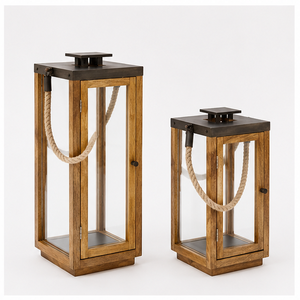 Handcrafted Rustic Wooden <b>Lantern</b> with Jute Rope Handle & Matte Black Metal Top <b>Large</b> Decorative Candle Holder for Home Decor - Product Image 1