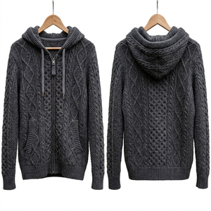 Classic Design Hooded Ribbed Cuffs and Hem Casual Men's 100% Cotton Knitted Pullover with Pocket Windproof & <b>Waterproof</b> - Product Image 4