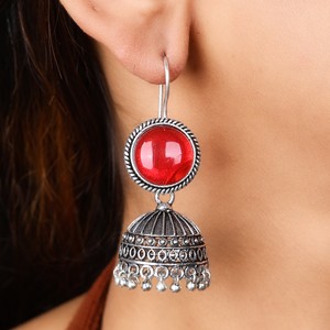 Wholesale Oxidized Silver <b>Red</b> Stone Jhumka <b>Earrings</b> Handmade Ethnic Boho Pearl Drop <b>Earrings</b> for Women Party Jewelry - Product Image 4