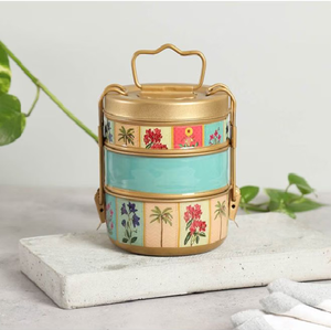 Palm tree painted brass tiffin <b>box</b>, 3 tier Mughal arch vintage lunch <b>box</b>, black food carrier, available at wholesale prices. - Product Image 3