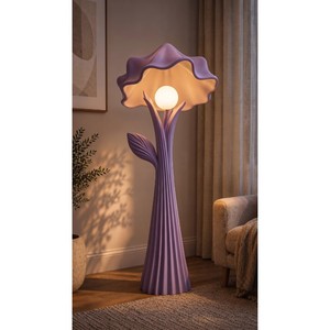 Lampe sur pied moderne à fleurs violettes avec un design de tige et de feuilles courbées, éclairage décoratif contemporain - Product Image 5