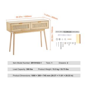 Consolle in Rattan Naturale con 2 Cassetti Contenitori e Porta Scorrevole, Tavolo da Ingresso/Soggiorno, Arredamento Casa - Product Image 4