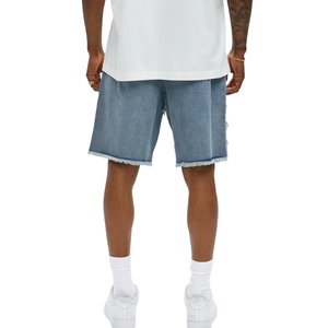 Shorts en jean bleu pour homme, style vintage, délavé, patchwork, bords bruts, décontracté, longueur genou, streetwear, mode, séchage rapide - Product Image 2