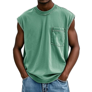 2026 Trendy <b>Men's</b> Green Sleeveless Tank Top With Chest Pocket O-Neck Casual Knitted Cotton <b>Singlet</b> Solid Color Design - Product Image 1