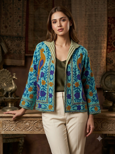 Bata Larga de Mujer con Cuello en V, Hecha a Mano, Bordada con Flores Azules, Reversible, 100% Algodón, 480g, Estilo Kimono con Cinturón, para Vacaciones - Product Image 5