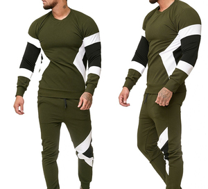 Ensemble sweat-shirt à col rond et pantalon de jogging en coton et élasthanne tricoté pour homme, couleur vert olive, style color block, tenue décontractée pour l'automne - Product Image 5