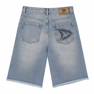 Flame wing rhinestone <b>ice</b> blue denim jorts men Namja baggy Y2K streetwear shorts applique chain <b>ring</b> frayed hem low MOQ - Product Image 3