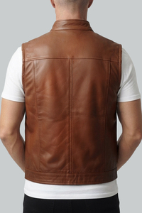 Men's <b>Brown</b> Genuine Leather Casual Lace Spring Moto <b>Vest</b> V-neck Zipper Closure Solid Color Outerwear Plus Size Regular Fit - Product Image 3