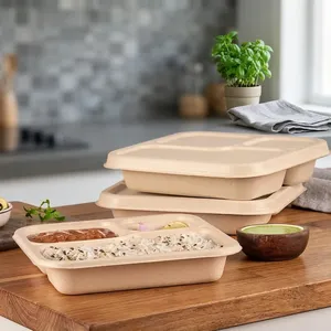 Plateau repas 3 compartiments en pulpe moulée jetable, de qualité supérieure, avec couvercle, en bagasse, Oceanic Global, pour usage commercial alimentaire - Product Image 3