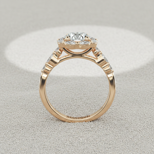 Anillo de compromiso certificado chapado en oro rosa con halo de diamantes marquise de punta compartida - Product Image 4