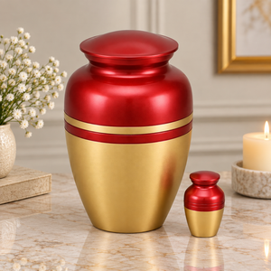 Urne classique rouge cramoisi avec motif à rayures dorées, récipient commémoratif en métal avec couvercle ajusté et finition durable - Product Image 1