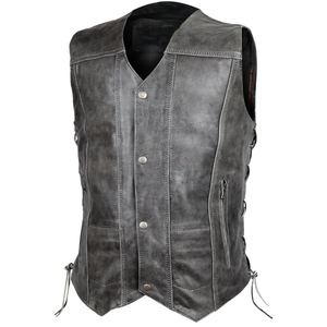 Gilet vintage pour homme en cuir gris vieilli, style motard western, col rond, fermeture boutonnée, lacets latéraux, ajustement réglable, automne - Product Image 1