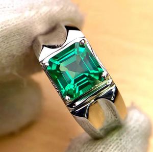 <b>Mens</b> Emerald Engagement <b>Ring</b> 925 Sterling <b>Silver</b> 14K Gold Plated 8MM Asscher Cut Green Emerald Gemstone Prong Setting Luxury - Product Image 1
