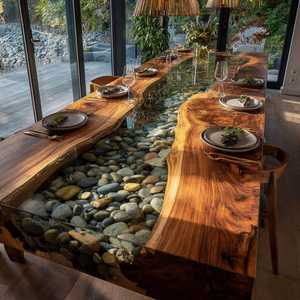 Modern Live Edge Wooden <b>Dining</b> <b>Table</b> With Epoxy Resin River And Pebbles Rectangle Design Durable Solid Wood - Product Image 5