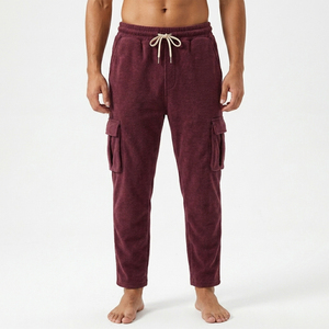 Pantalon de jogging décontracté pour homme en molleton bordeaux, taille élastique, poches latérales, poids moyen, respirant, tricoté, style automne - Product Image 1