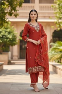 Ensemble Kurti et pantalon en tissu de soie de coton pur, coupe droite, bordure semi-cousue, couleur unie, haute brillance, pour tenue de mariage - Product Image 6