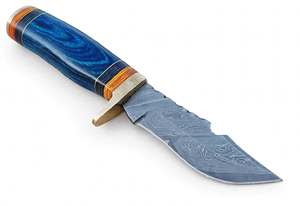 Cuchillo utilitario artesanal de hoja fija de acero de Damasco con mango de Pakkawood azul y guardacuchillo de latón, herramienta de campo DIY y OEM - Product Image 1