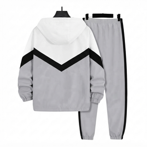 Conjunto Deportivo Informal de Dos Piezas, Sudadera con Capucha y Pantalones Jogger en Gris Claro, Mezcla de Poliéster/Algodón, Diseño Color Block, Ropa Personalizada - Product Image 2