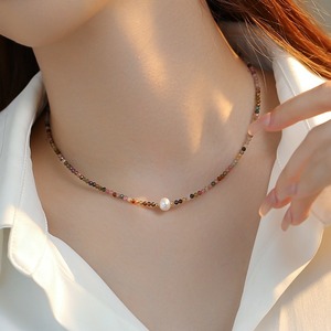 Collier exquis pour femme en perles d'eau douce naturelles avec perles de tourmaline colorées, chaîne de clavicule, style dopamine, pull inclus - Product Image 4