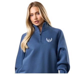 Sweat-shirt pour femme en molleton bleu acier à manches raglan, col montant et quart de zip, manches longues, style streetwear décontracté, coupe ample et confortable - Product Image 3