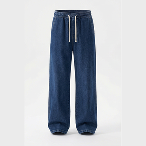 Pantalon en jean ample pour homme, taille haute, coupe décontractée, en coton, style automne, couleur unie, bleu - Product Image 1