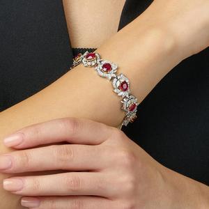 Women Rhodium Plated <b>Ruby</b> <b>Bracelet</b> With Round Brilliant Cut Diamonds Flower Design Classic Chain Link Jewelry - Product Image 2