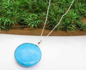 Man-Made Turquoise Pendant Necklace 925 Sterling Silver Large Round Cabochon Blue <b>Stone</b> Minimalist Jewelry - Product Image 3