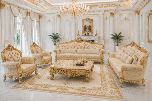 Exquisite High <b>Back</b> Teak Wood Sofa Set 5-Seater Luxury Mansion Style Living Room Furniture with Sofa Table - Product Image 6