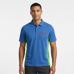 Polo de Hombre en Color Azul Verde con Bloques de Color, Manga Corta, Logotipo Bordado, Informal, Transpirable, de Poliéster Tejido - Product Image 1