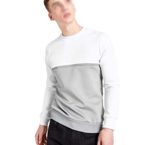 Sudadera de punto con cuello redondo y bloques de color para hombre, corte regular, algodón, informal, para otoño, blanca con panel gris - Product Image 3