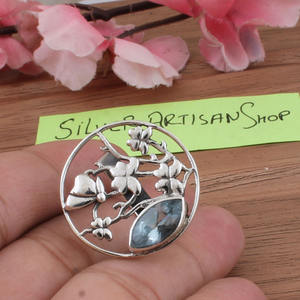 Anillo Vintage de Topacio Azul con Flor, Plata de Ley 925, Gema de Corte Brillante, Banda Floral, Diseño Natural, para Fiesta o Aniversario de Mujer - Product Image 1