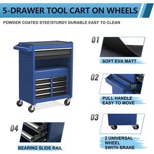 Carrello Portautensili a 5 Cassetti con Ruote, Imballaggio Rinforzato, Cassetta degli Attrezzi in Metallo per Garage, Parte Superiore Staccabile, Armadietto Portaoggetti - Product Image 4
