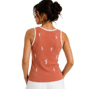 Top de Tirantes Acanalado para Mujer en Terracota y Blanco, Sin Mangas, Bordado, Casual, de Verano, Ajustado, de Algodón Elástico, Personalizado OEM - Product Image 2