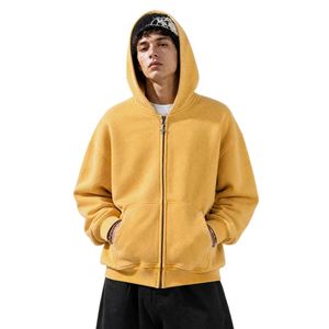 Sweat à capuche zippé décontracté pour homme, jaune moutarde, avec poche kangourou, manches longues, poignets côtelés, effet délavé, couleur unie - Product Image 4