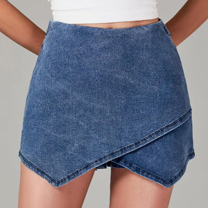 Falda de doble capa con efecto de pantalón vaquero para mujer, azul marino, estilo envolvente, última moda urbana, pantalones cortos de mezclilla - Product Image 4