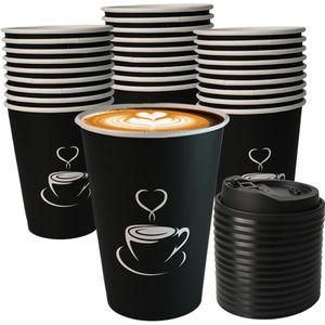 Confezione da 50 Bicchieri di Carta Neri da 350ml con Coperchio, Contenitori Antigoccia per Bevande Calde o Fredde - Product Image 1