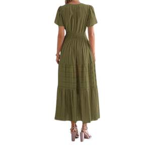 Vestido Largo Verde Oliva con Diseño Plisado, Estilo Boho Casual de Verano, Manga Corta, Producción de Fábrica - Product Image 4