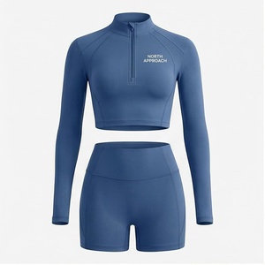North Approach 2 Piece Yoga Set Quarter Zip Crop <b>Top</b> High Waist Shorts Solid Blue <b>Sweat</b> Wicking Breathable Sportswear - Product Image 1
